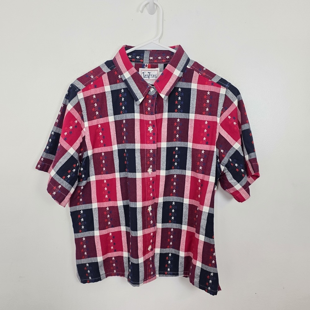 Tantrums Red White Blue Plaid Star Embroidered Patriotic Button Up Shirt Size XL